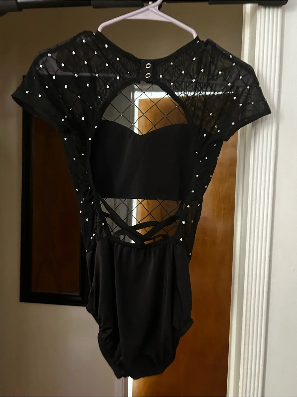 Kelle Black Jazz Rhinestoned Embellished Mesh Leotard. Size SA